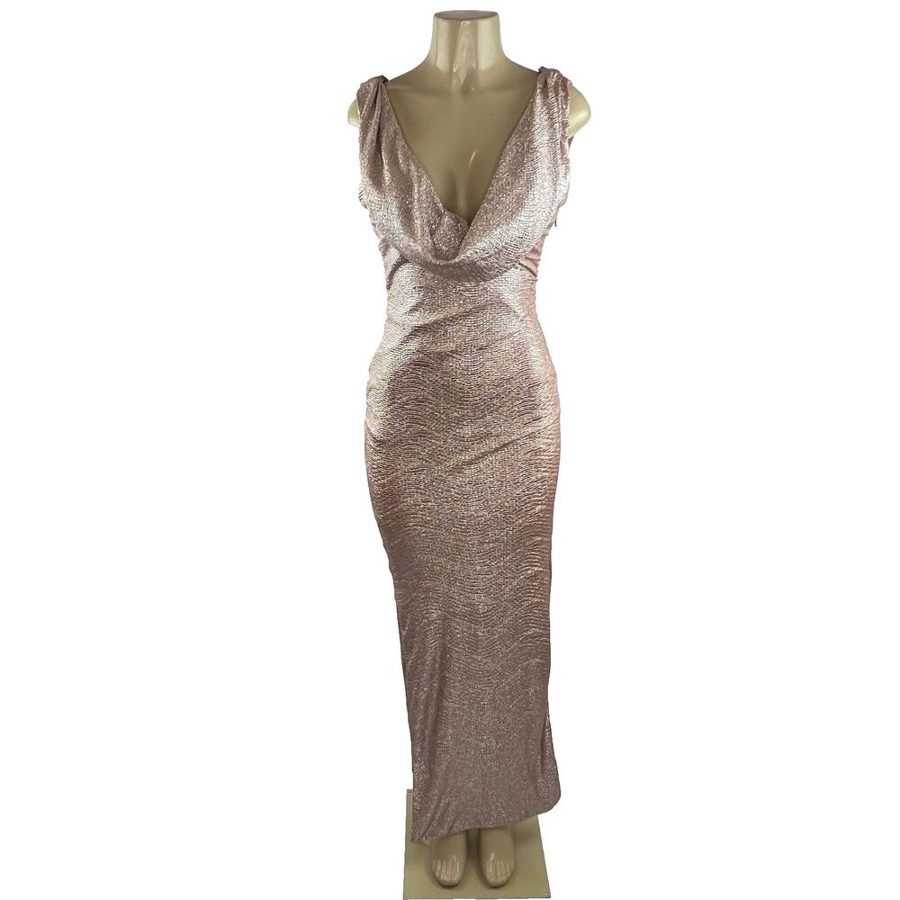House of CB Maxi Dress Size M Pink Metallic Cowl Neck Low Back Slinky Cocktail